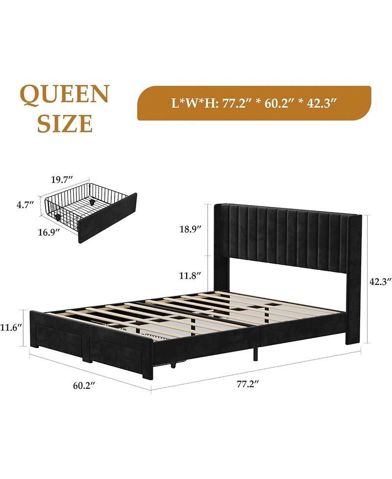 gaomon Bed Frame, Bed Frame Upholstered Platform Bed with Velvet Headboard, Wing Edge Design, 2 Storage Drawers, No Box Spring Needed