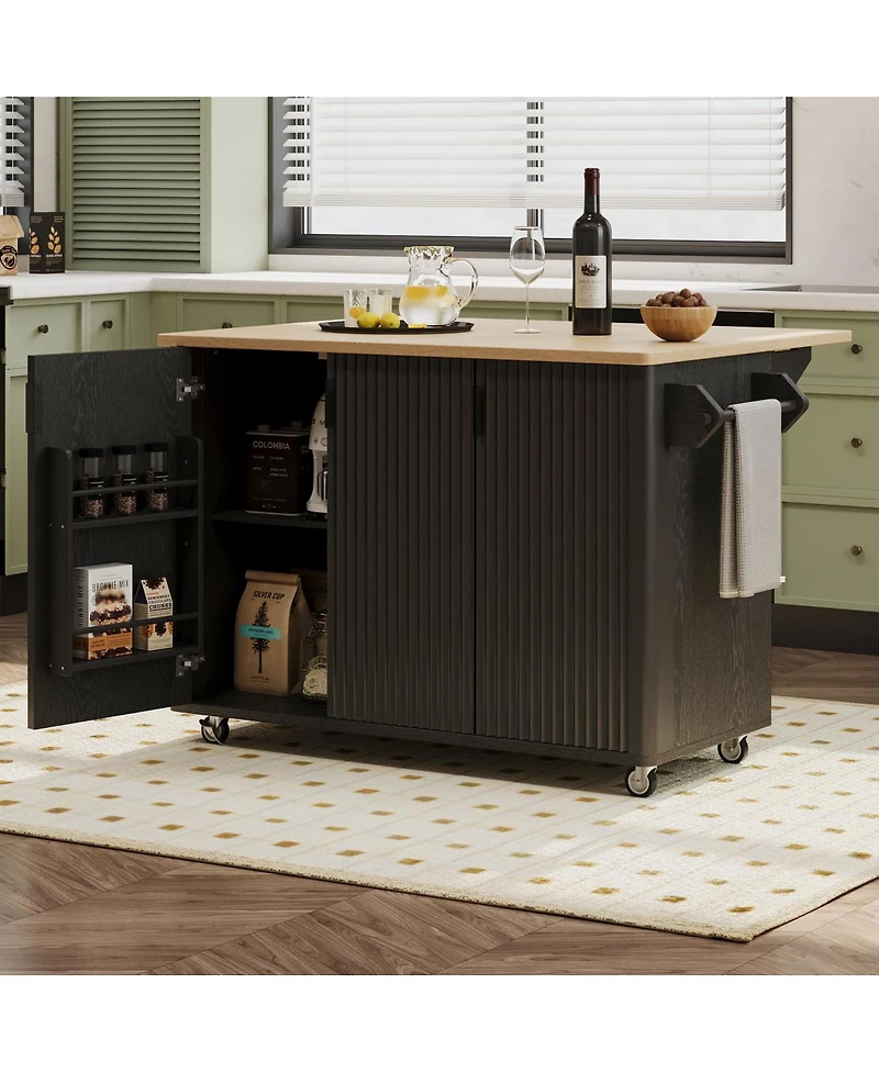 Streamdale Furniture 51'' Fluted Farmhouse Kitchen Island with Drop Leaf and Rolling Storage Cart
