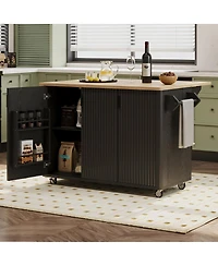 Streamdale Furniture 51'' Fluted Farmhouse Kitchen Island with Drop Leaf and Rolling Storage Cart