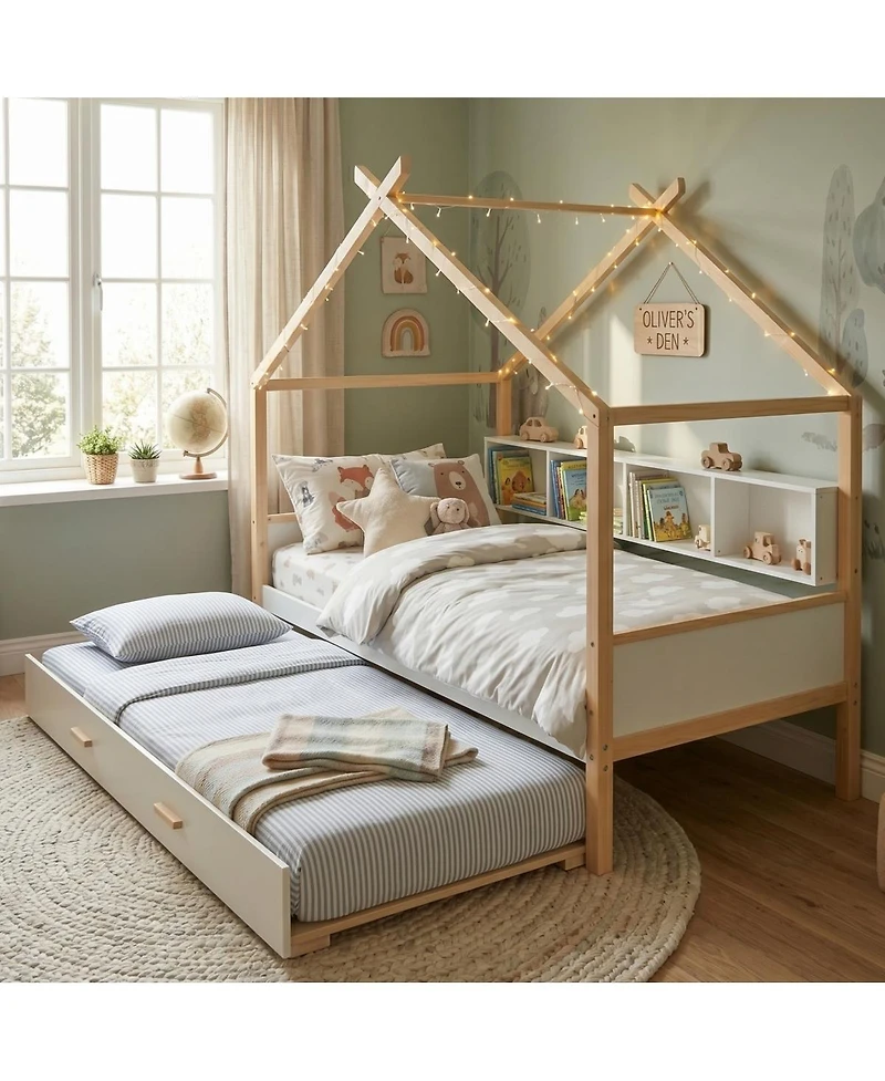 Streamdale Furniture Wooden House Bed with Trundle and Bookshelf Storage