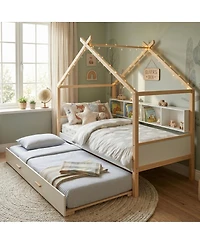 Streamdale Furniture Wooden House Bed with Trundle and Bookshelf Storage