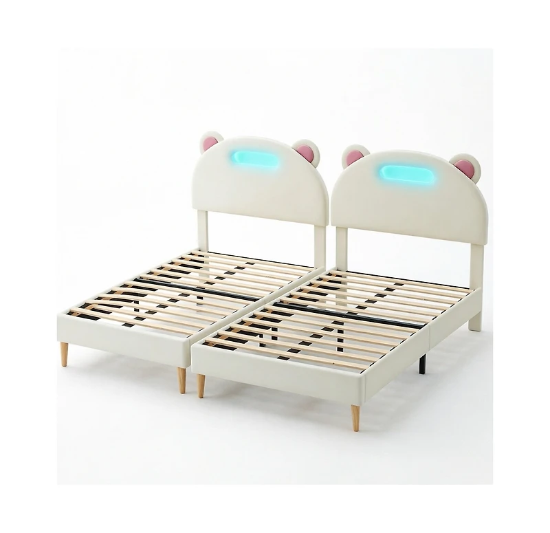 gaomon Set of 2 Twin Bed Frames, Upholstered Platform with Led Lights and Headboard, Wooden Slats Support, No Box Spring Needed for Bedroom