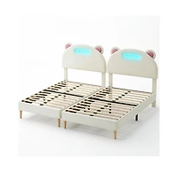 gaomon Set of 2 Twin Bed Frames, Upholstered Platform with Led Lights and Headboard, Wooden Slats Support, No Box Spring Needed for Bedroom