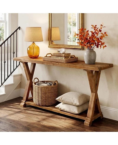 Tribesigns 63'' Solid Wood Console Table, 2-Tier Narrow Entryway Table with Storage, Farmhouse Sofa Console Behind Couch