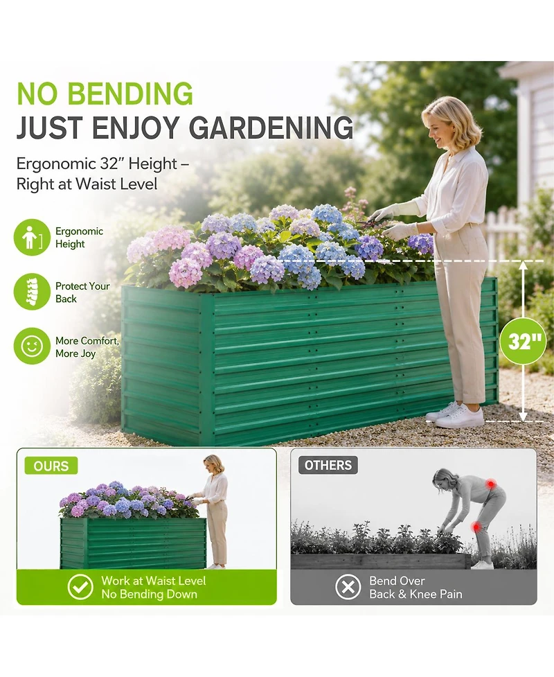 Streamdale Furniture 2-Pack 93.7''x31.5''x32.3'' Ergonomic Raised Metal Garden Bed with 8 Reinforcing Rods