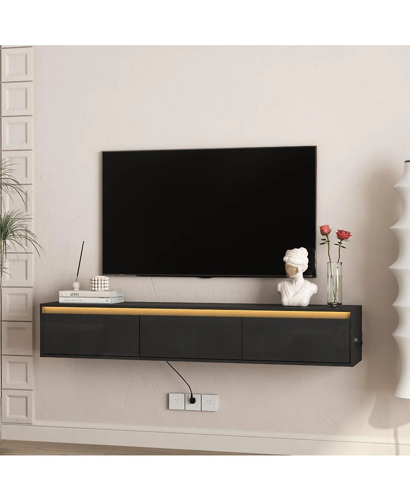 Streamdale Furniture High-Gloss Wall-Mounted Tv Cabinet with Led Lights and Power Outlet