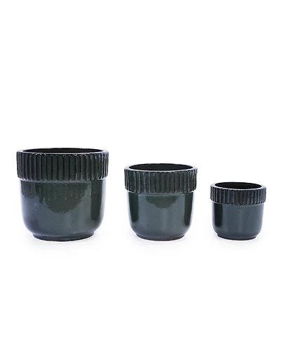 Clihome Handmade Ceramic Planter Set of 3, 15/14/9 Inch Diameter, Ribbed Pattern, for Succulents Indoor/Outdoor Use on Windowsill and Bookshelf