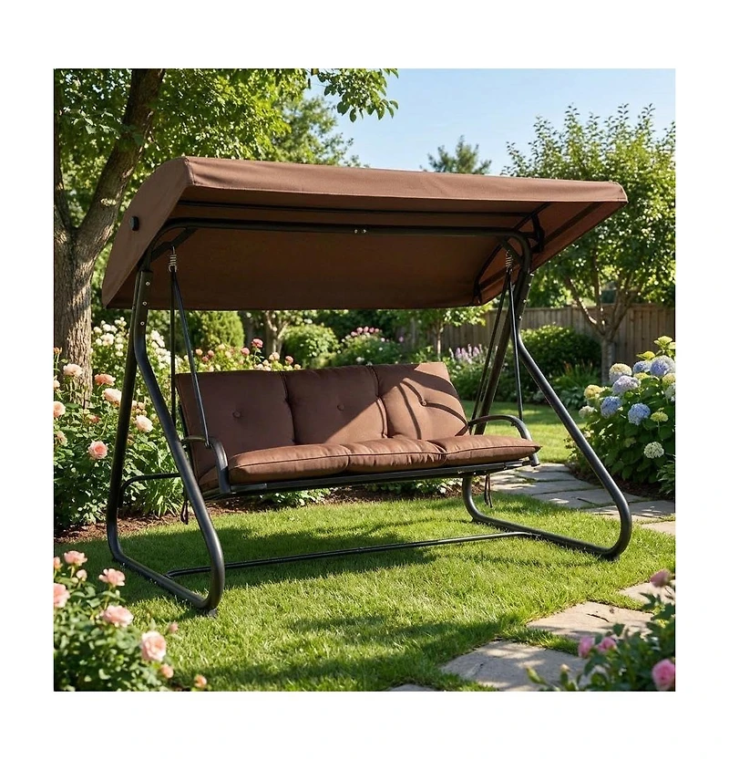 gaomon 3-Seat Outdoor Patio Swing with Adjustable Canopy, Convertible Swing Bed with Stand, Glider Swing with Cup Holders