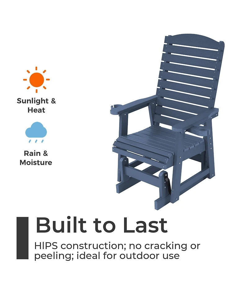 Mega Casa Poly Lumber Patio Glider for One Person, with Cup Holders, High Backrest and Deep Contoured Seat, Hips Material, All-Weather Resistant