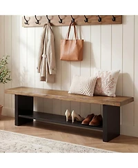 Slickblue 55" Wooden Entryway Bench with Open Shoe Storage Shelves