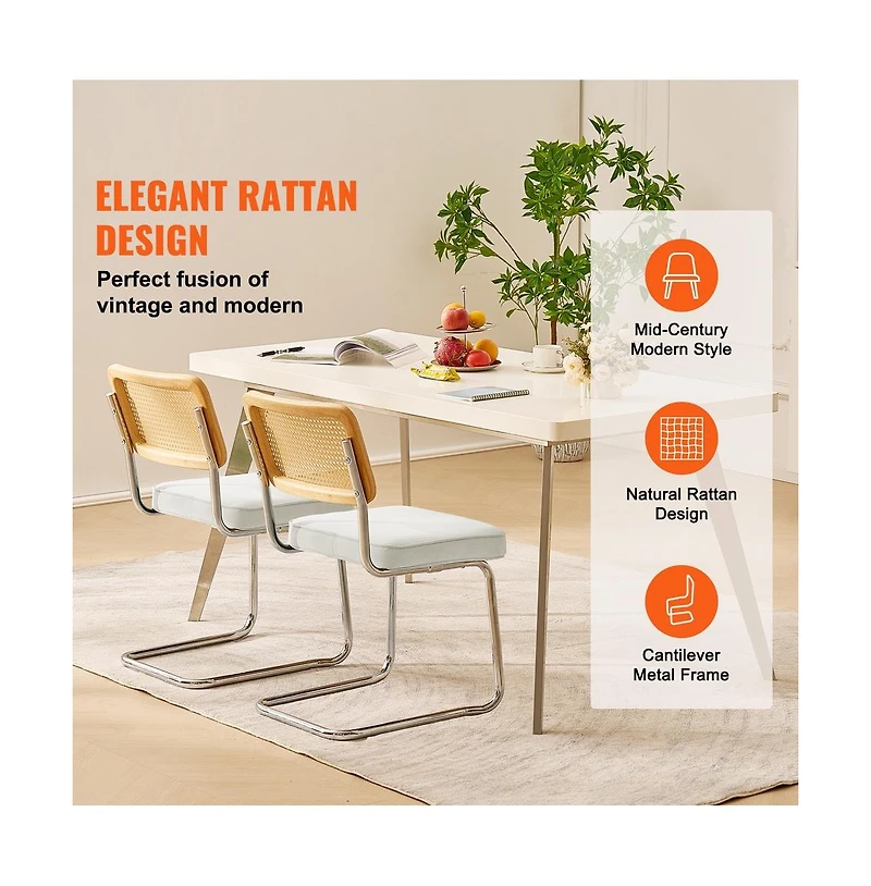 Sugift Mid Century Modern Rattan Dining Chairs Set of 2, Velvet Upholstered Seat with Woven Back