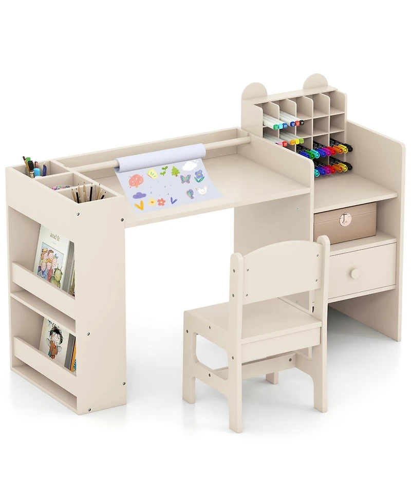 Slickblue Kids Art Table And Chair Set with Paper Roll Holder Cabinet