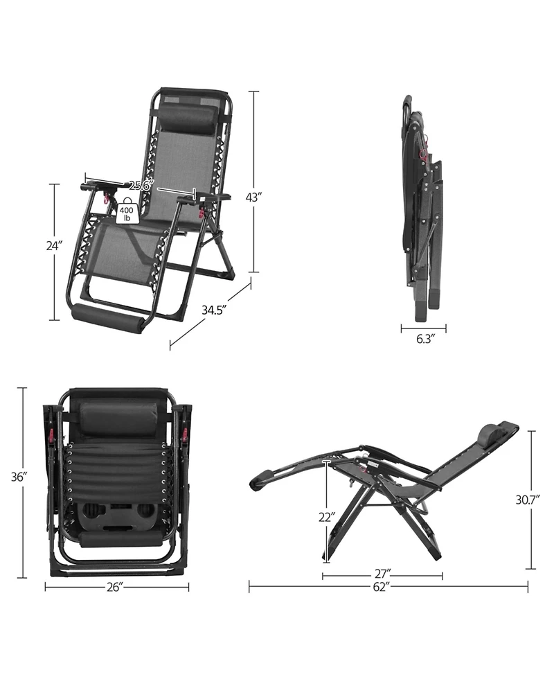 Aofar Zero Gravity Chair Folding Recliner Lounge With Pad Headrest Cup Holder Tray