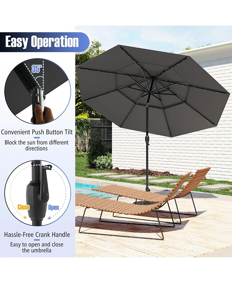 Sugift 10 Feet Solar Patio Umbrella with 32 Led Lights 3-Tier Vented Top