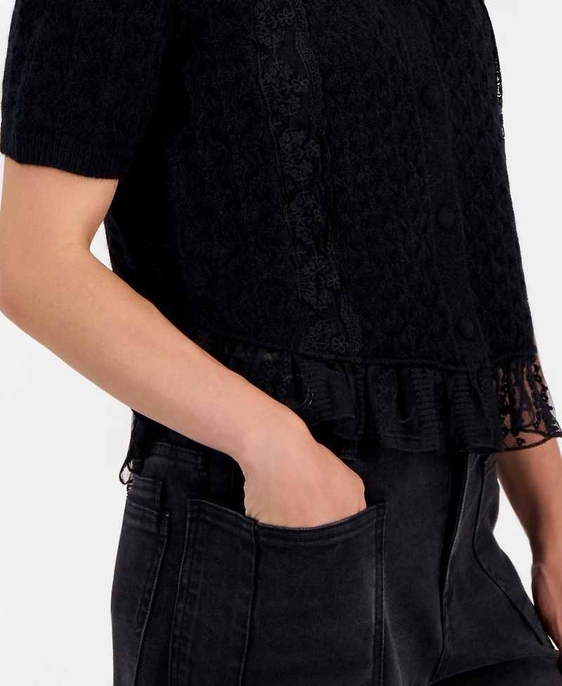 And Now This Petite Pointelle Short-Sleeve Button-Front Cardigan, Macy's Exclusive