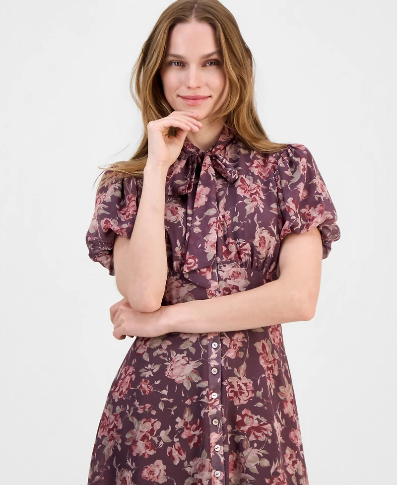 Lulus Women's Jonni Puff-Sleeve Floral-Print Tie-Front Mini Dress