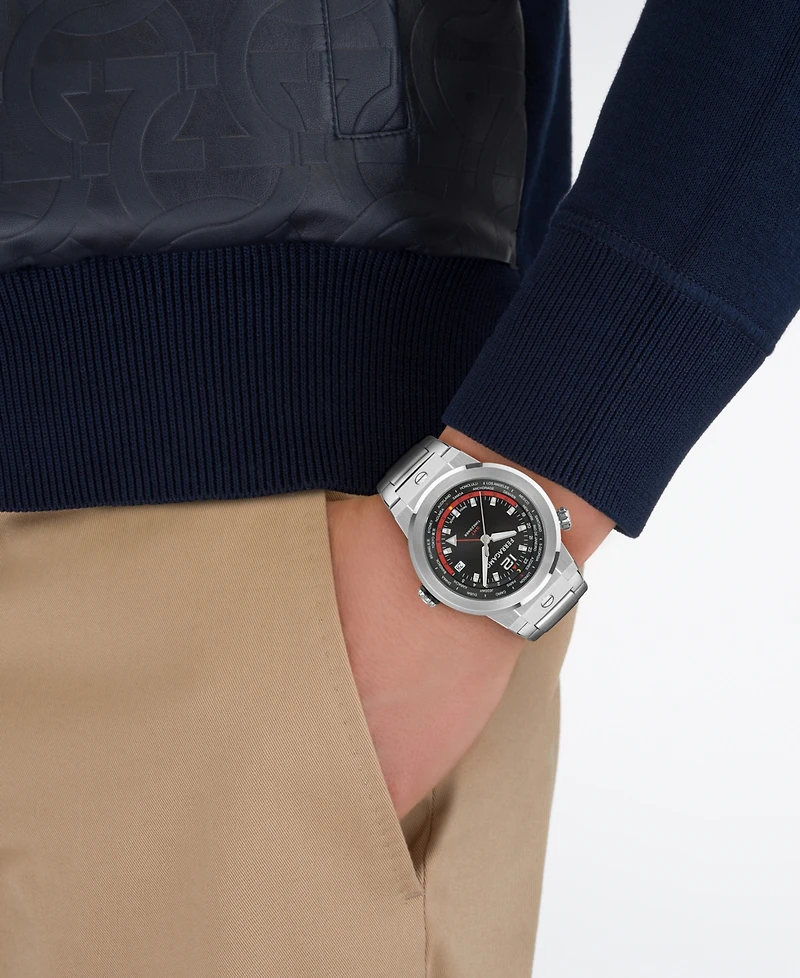 Ferragamo Men's F-80 Gmt Worldtime Silver Stainless Steel Bracelet Watch 43mm
