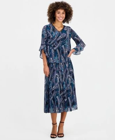 Kasper Womens Printed V Neck Ruffle Sleeve Blouse Pleated Pull On Midi Skirt