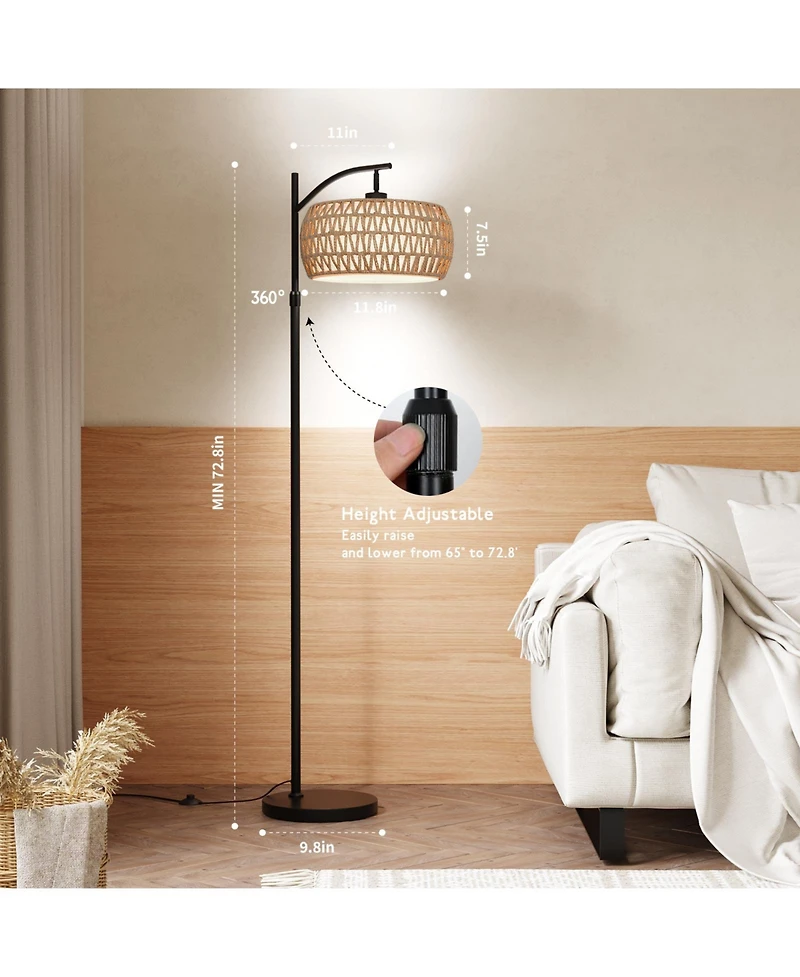 Sugift Dimmable Boho Floor Lamp with Rattan & Linen Drum Shade – Remote & Footswitch Control