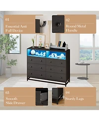 homfan 6-Drawer Storage Dresser with App Control Led Lights, Multi-Port Charging Station, Waterproof Engineered Wood Chest Easy Assembly