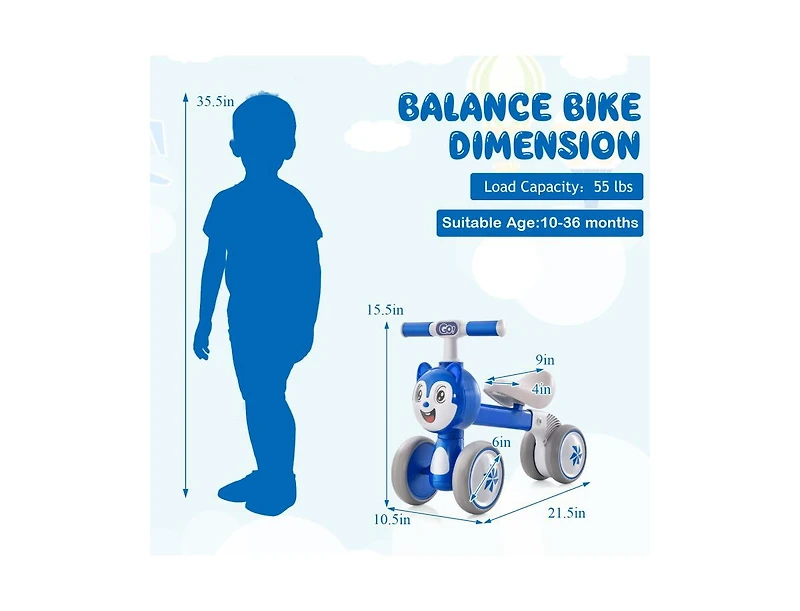 Slickblue Lightweight Baby Balance Bike with 4 Wheels No Pedal Design