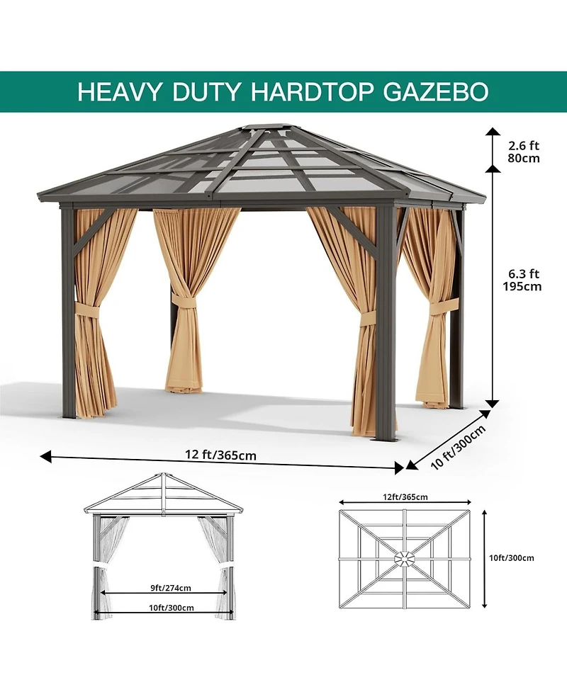 gaomon Hardtop Gazebo, Outdoor Polycarbonate Double Roof Canopy, Aluminum Frame Permanent Pavilion with Curtains and Netting, Sunshade for Garden