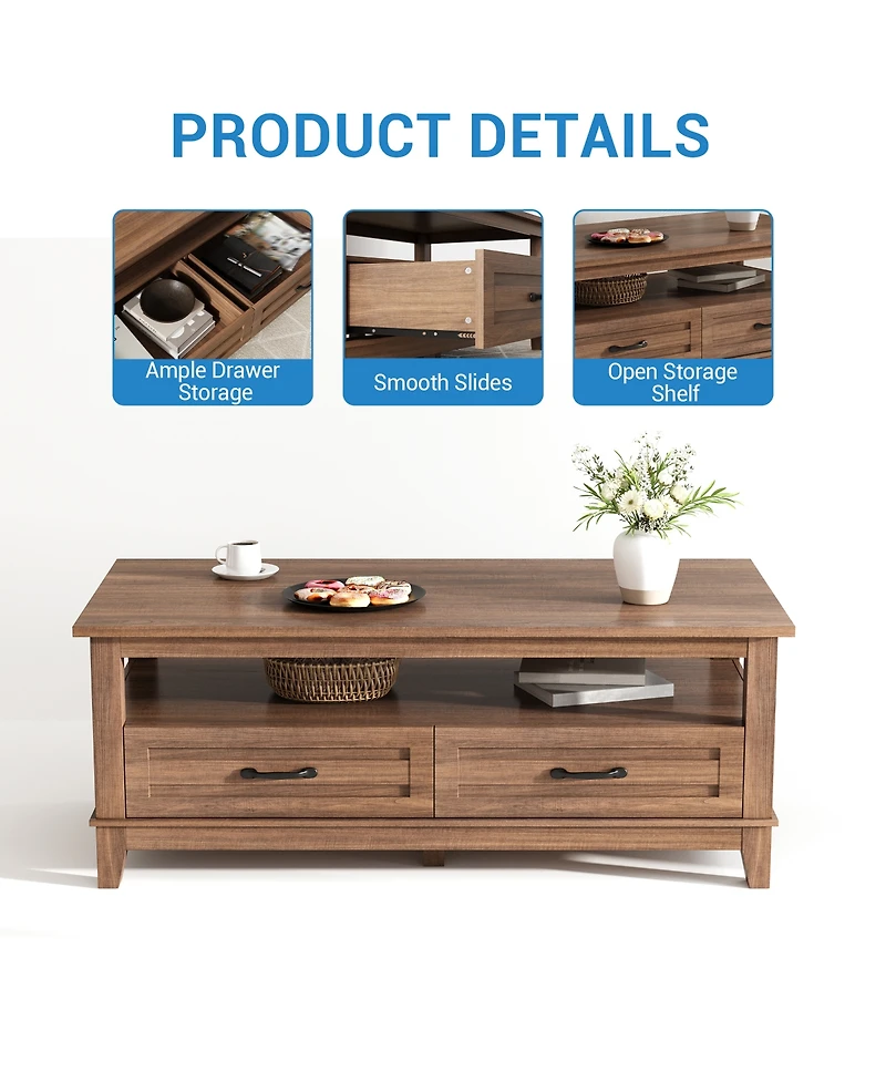 homfan Farmhouse Coffee Table with Drawers, 47.2" Center Table with Open Shelf, 6 Support Legs