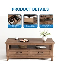 homfan Farmhouse Coffee Table with Drawers, 47.2" Center Table with Open Shelf, 6 Support Legs