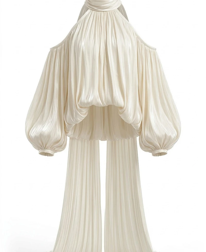 Modenaire Women's High-Neck Cold-Shoulder Draped Blouse
