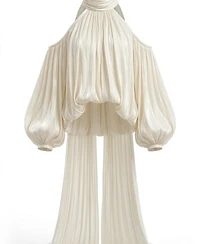 Modenaire Women's High-Neck Cold-Shoulder Draped Blouse