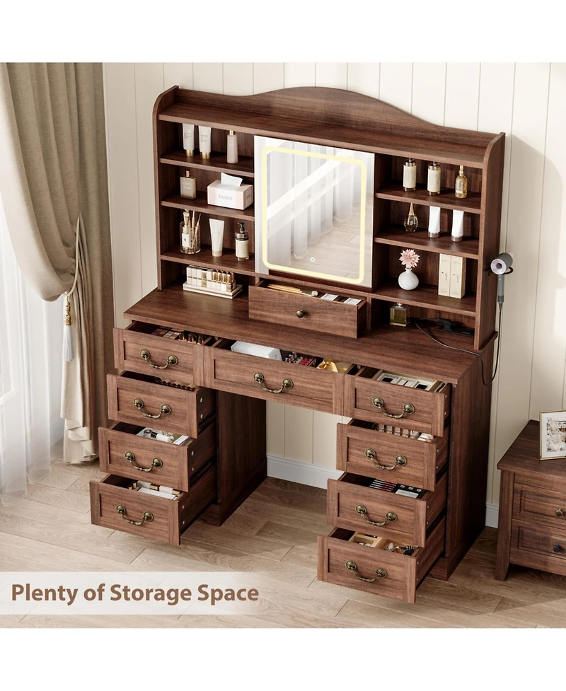 homfan Vanity Desk with Mirror and Led Lights - Includes Chair, 10 Drawers 8 Shelves, Makeup Table Power Outlet for Bedroom