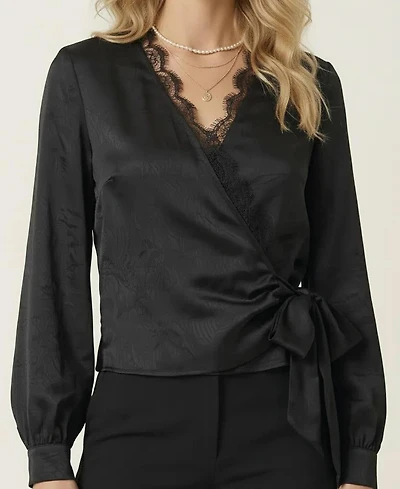 Modenaire Women's Lace-Trim V-Neck Wrap Tie-Detail Top