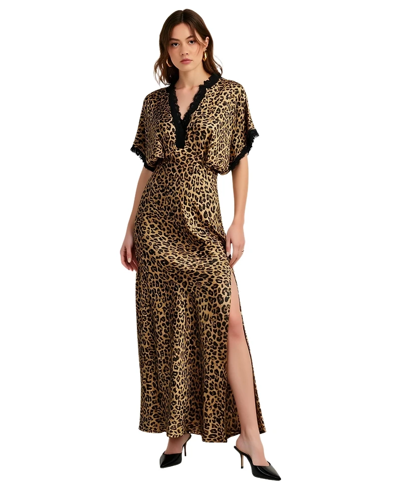 Modenaire Women's Leopard Print Lace-Trim Plunging V-Neck Maxi Dress