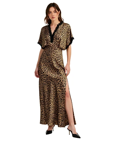 Modenaire Women's Leopard Print Lace-Trim Plunging V-Neck Maxi Dress