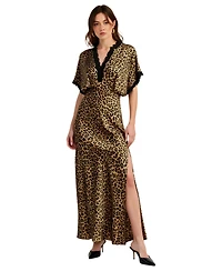 Modenaire Women's Leopard Print Lace-Trim Plunging V-Neck Maxi Dress