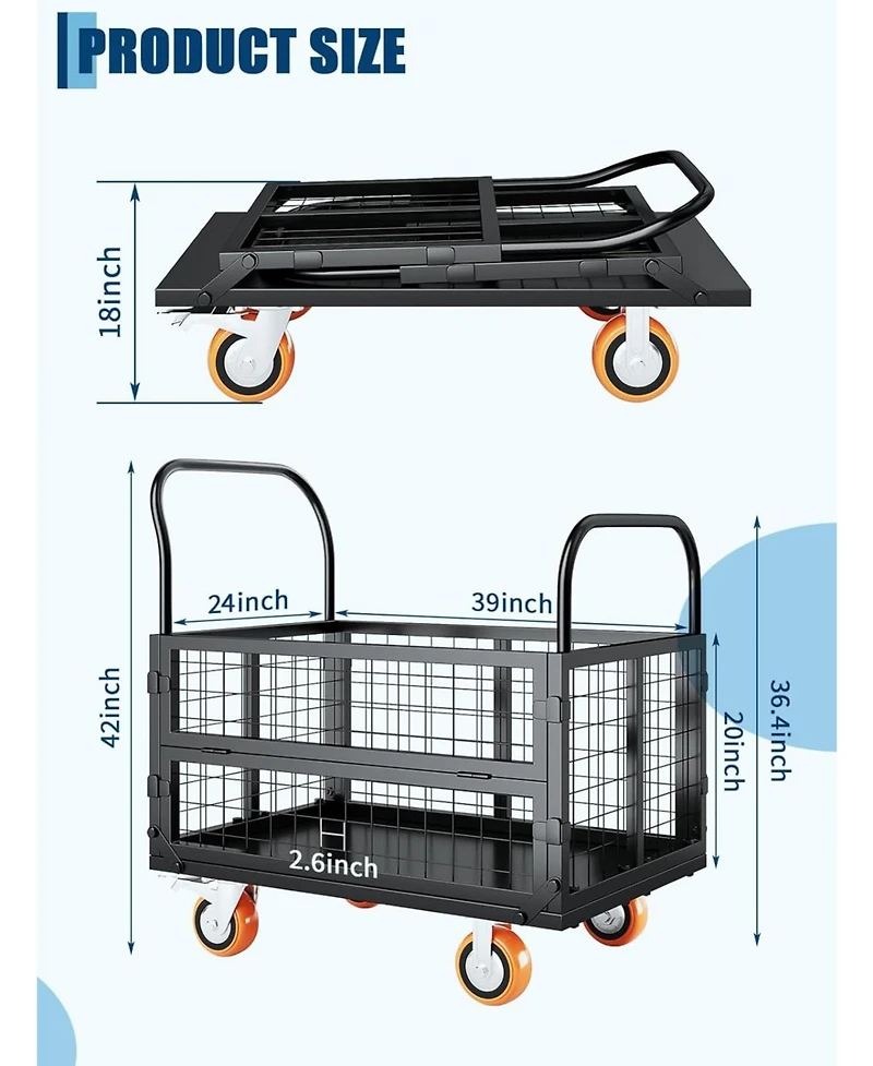 gaomon Platform Truck Cart with Cage 6-in-1 Foldable Hand Truck Heavy-Duty Dolly with 4 Wheels for Grocery Laundry and Warehouse