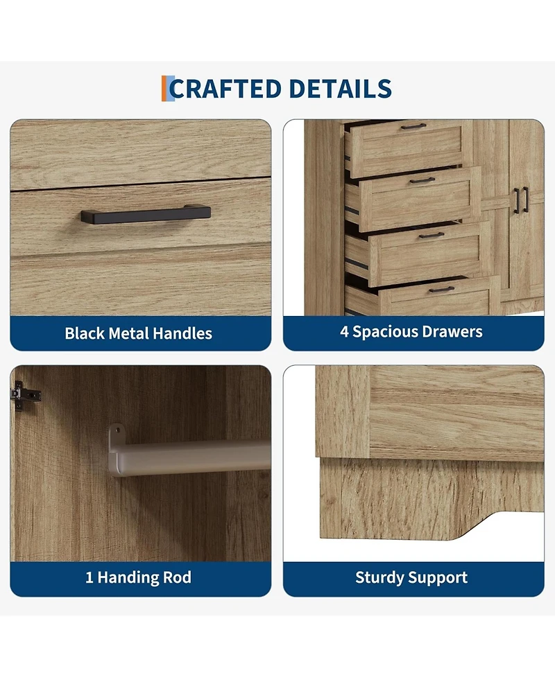 gaomon 43.3" H Armoire Wardrobe Closet with 4 Drawers and 2 Doors, Hanging Rod