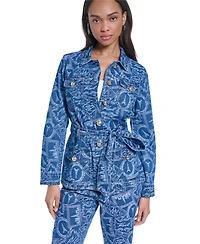 Karl Lagerfeld Paris Women's All-Over Print Denim Trench Jacket