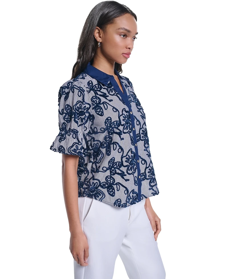 Karl Lagerfeld Paris Women's Velvet Embroidery Button-Front Blouse