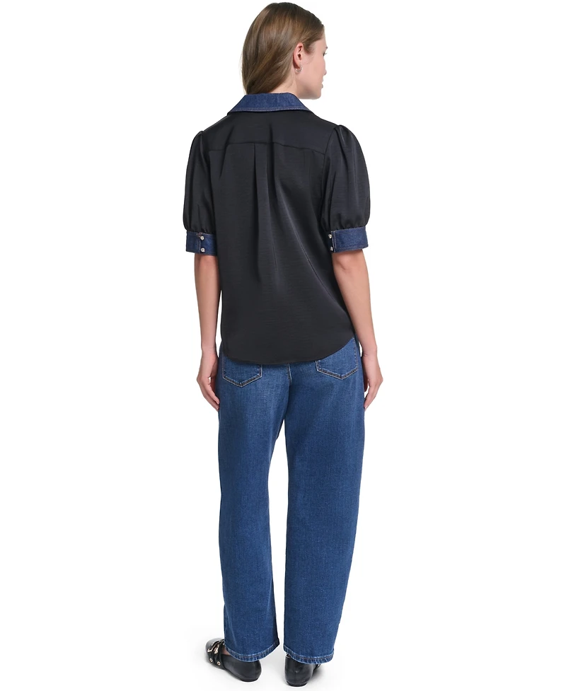 Karl Lagerfeld Paris Women's Denim Collar Button-Front Blouse