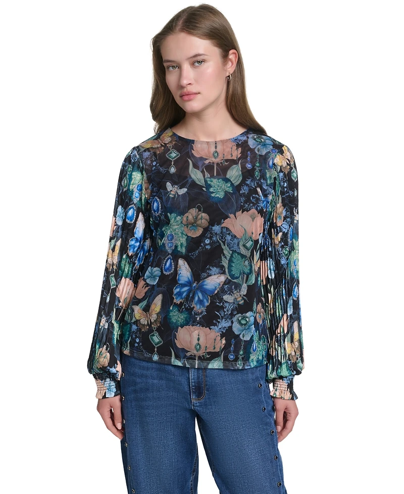 Karl Lagerfeld Paris Women's Mixed Media Printed Mesh Top