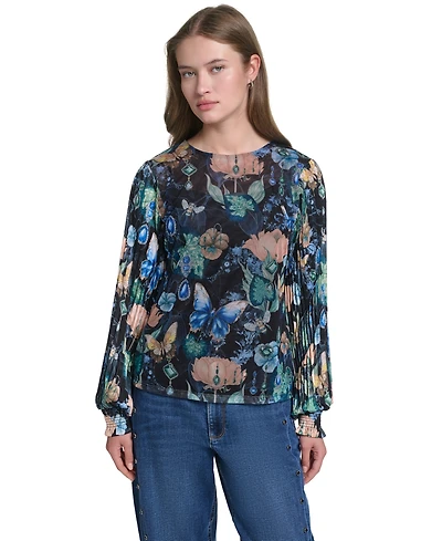 Karl Lagerfeld Paris Women's Mixed Media Printed Mesh Top