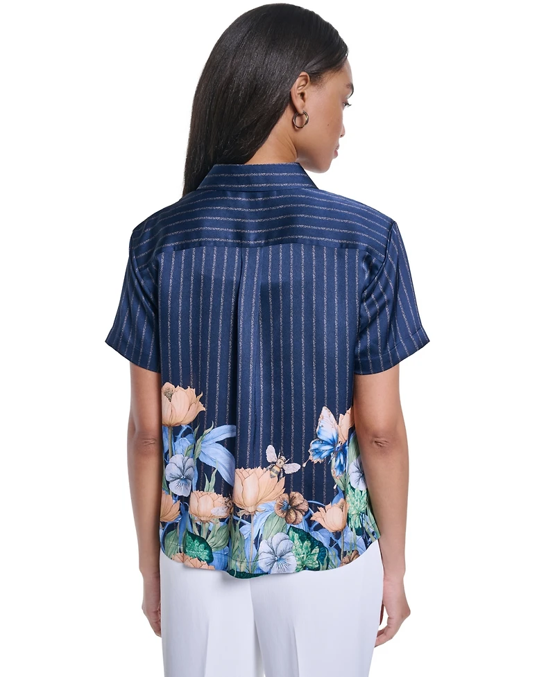 Karl Lagerfeld Paris Women's Striped Floral Printed Button-Up Blouse