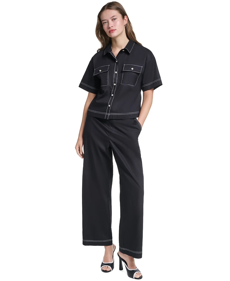 Karl Lagerfeld Paris Women's Cropped Poplin Button-Front Blouse