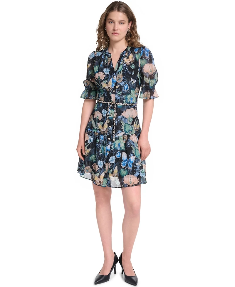 Karl Lagerfeld Paris Women's Metallic Crinkle Chain Belt Button-Front Dress