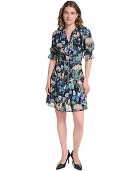Karl Lagerfeld Paris Women's Metallic Crinkle Chain Belt Button-Front Dress