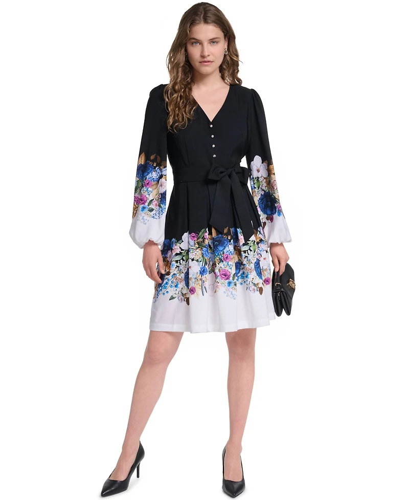 Karl Lagerfeld Paris Women's Floral Long-Sleeve Self-Tie Button-Front Dress