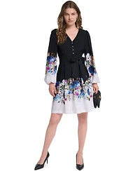 Karl Lagerfeld Paris Women's Floral Long-Sleeve Self-Tie Button-Front Dress
