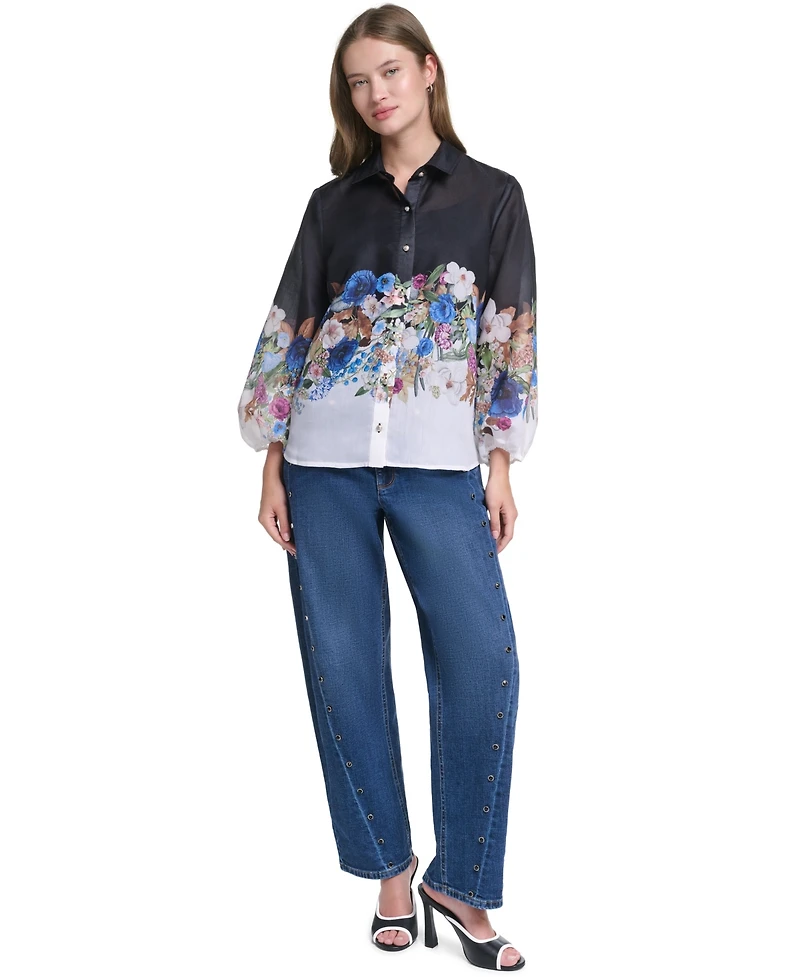 Karl Lagerfeld Paris Women's Printed Organza Puff-Sleeve Blouse