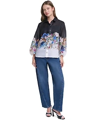 Karl Lagerfeld Paris Women's Printed Organza Puff-Sleeve Blouse
